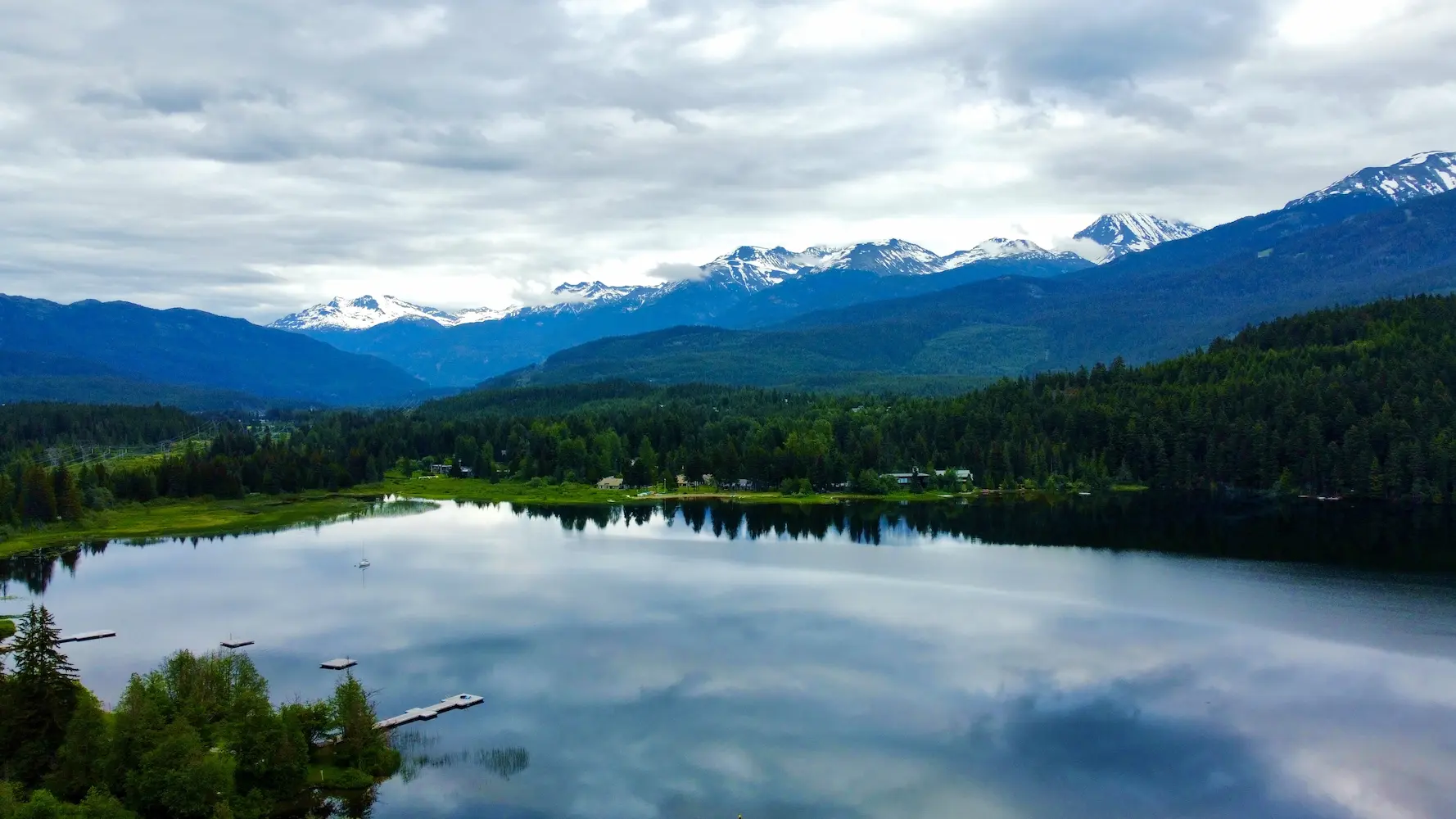 Wide shot of a lake-side view