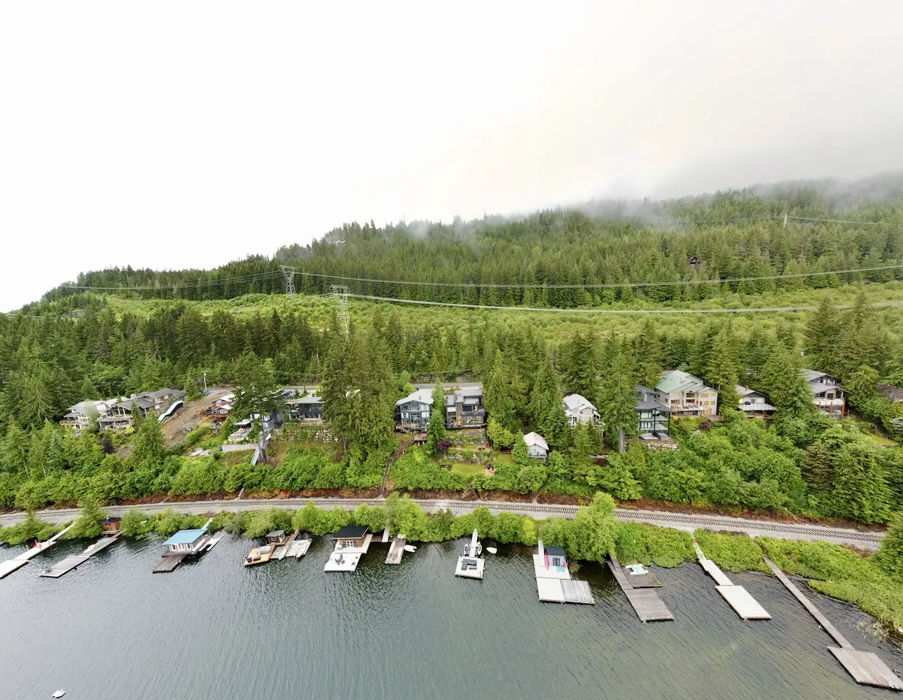 Aerial photo of houses on a shoreline